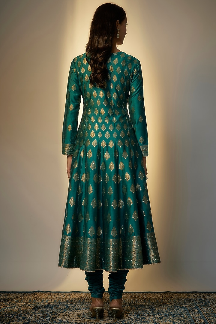 Turquoise Monotone Vegan Silk Woven Wedding Anarkali Set by Safaa at Pernia's Pop Up Shop