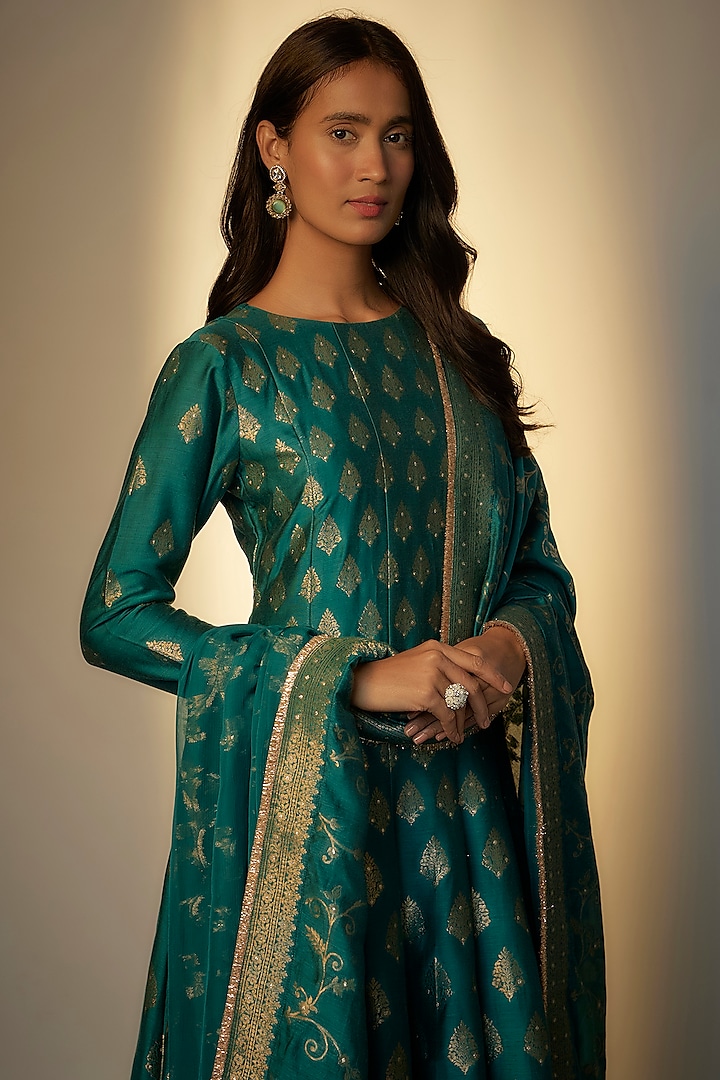 Turquoise Monotone Vegan Silk Woven Wedding Anarkali Set by Safaa at Pernia's Pop Up Shop
