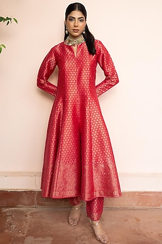 Fuchsia Pink Vegan Silk Banarasi Anarkali Set by Safaa