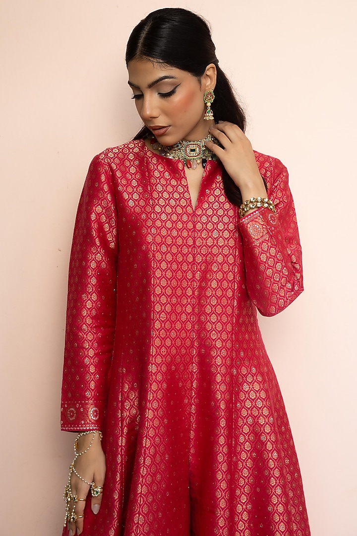 Fuchsia Pink Vegan Silk Banarasi Wedding Anarkali Set by Safaa at Pernia's Pop Up Shop