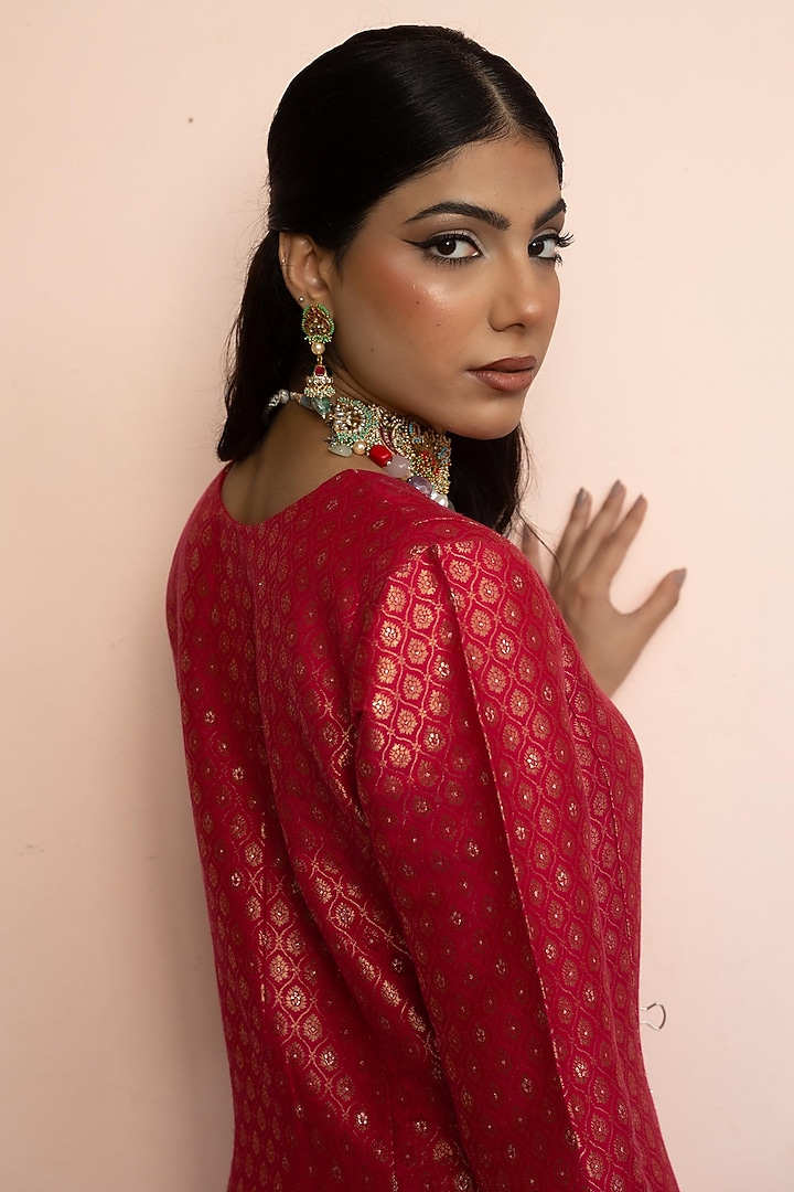 Fuchsia Pink Vegan Silk Banarasi Wedding Anarkali Set by Safaa at Pernia's Pop Up Shop