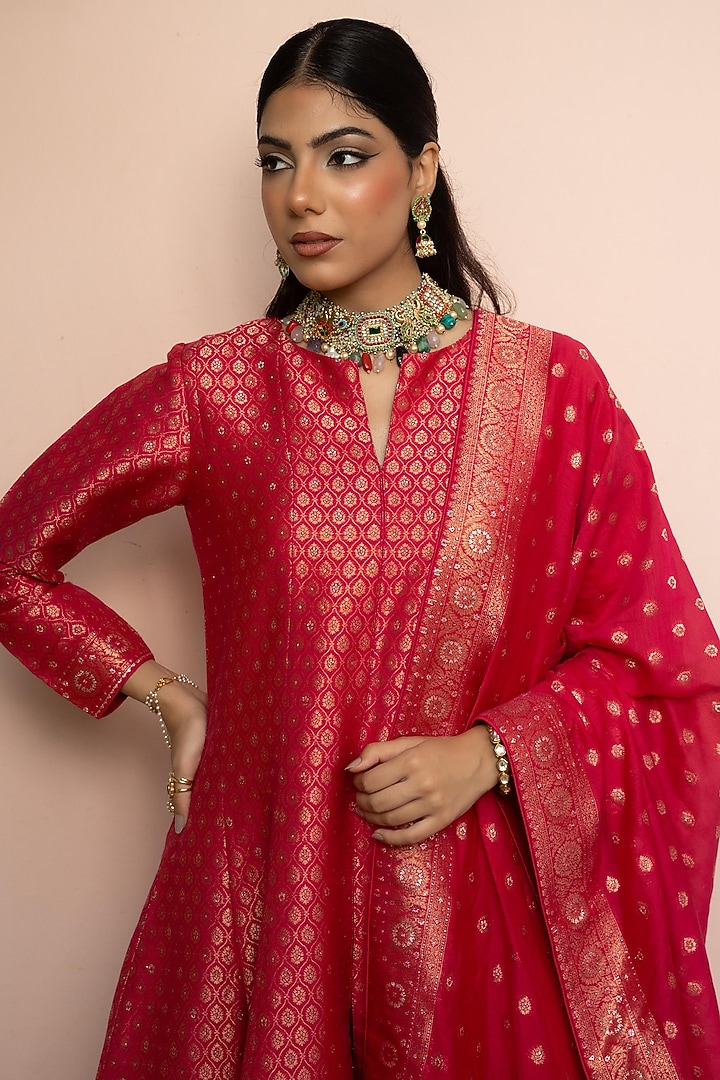 Fuchsia Pink Vegan Silk Banarasi Wedding Anarkali Set by Safaa at Pernia's Pop Up Shop
