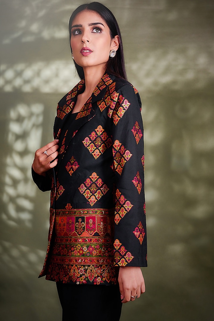 Black-Red Silk Self-Woven Blazer Set by Safaa at Pernia's Pop Up Shop