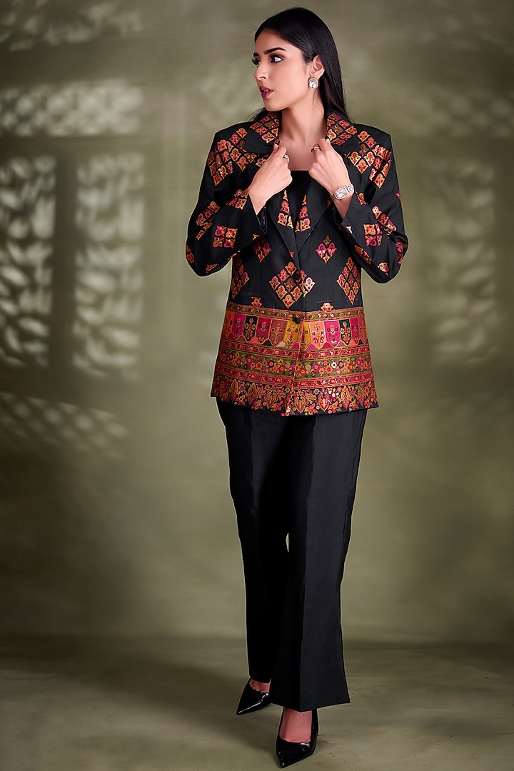 Black-Red Silk Self-Woven Blazer Set by Safaa at Pernia's Pop Up Shop