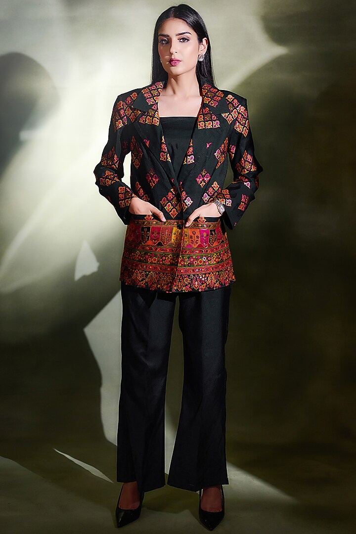 Black-Red Silk Self-Woven Blazer Set by Safaa at Pernia's Pop Up Shop