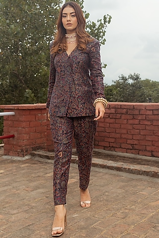 Midnight Blue Paisley Printed Blazer Set by Safaa