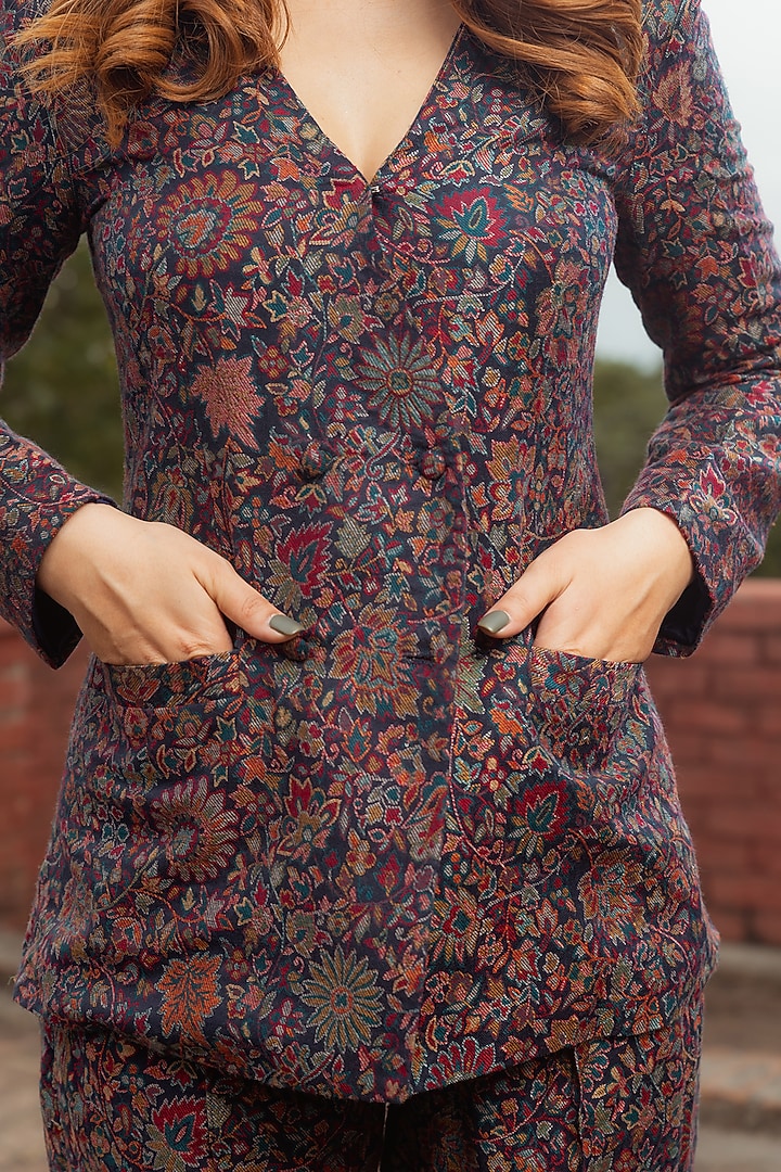 Midnight Blue Paisley Printed Blazer Set by Safaa at Pernia's Pop Up Shop