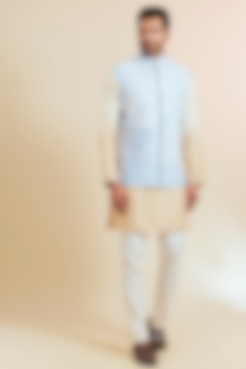 Blue Silk Printed & Embroidered Bundi Jacket by SHASHA GABA MEN at Pernia's Pop Up Shop