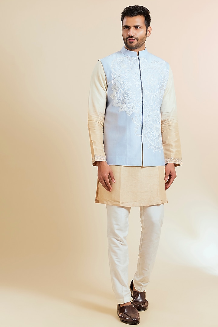 Blue Silk Printed & Embroidered Bundi Jacket by SHASHA GABA MEN at Pernia's Pop Up Shop