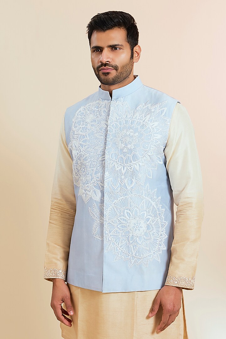 Blue Silk Printed & Embroidered Bundi Jacket by SHASHA GABA MEN at Pernia's Pop Up Shop