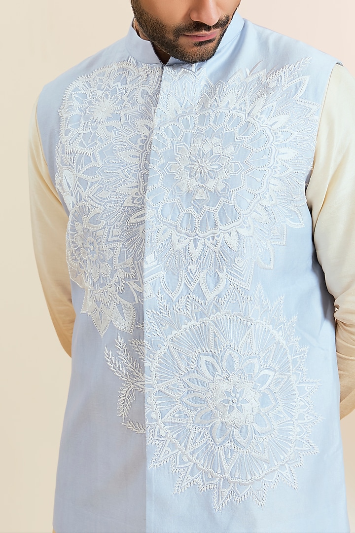 Blue Silk Printed & Embroidered Bundi Jacket by SHASHA GABA MEN at Pernia's Pop Up Shop