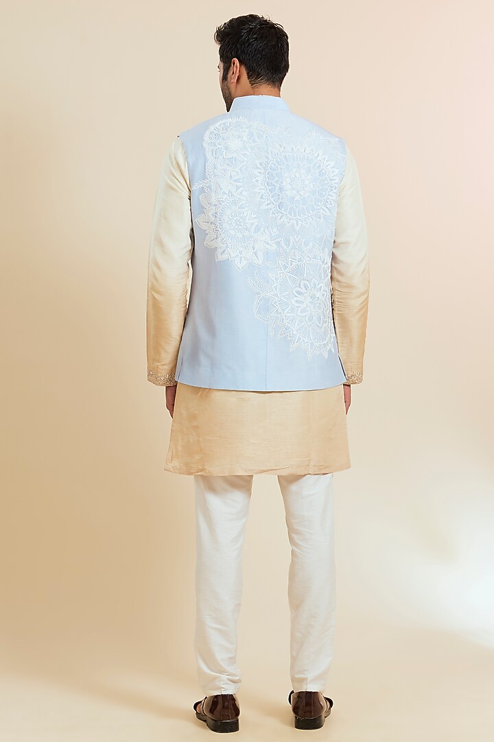 Blue Silk Printed & Embroidered Bundi Jacket by SHASHA GABA MEN at Pernia's Pop Up Shop