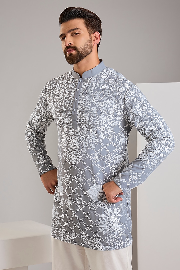 Grey Georgette Printed & Embroidered Kurta by SHASHA GABA MEN at Pernia's Pop Up Shop