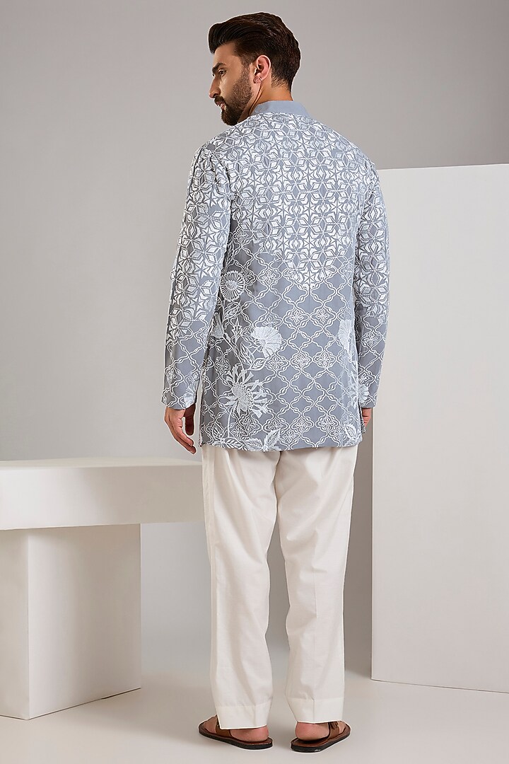 Grey Georgette Printed & Embroidered Kurta by SHASHA GABA MEN at Pernia's Pop Up Shop