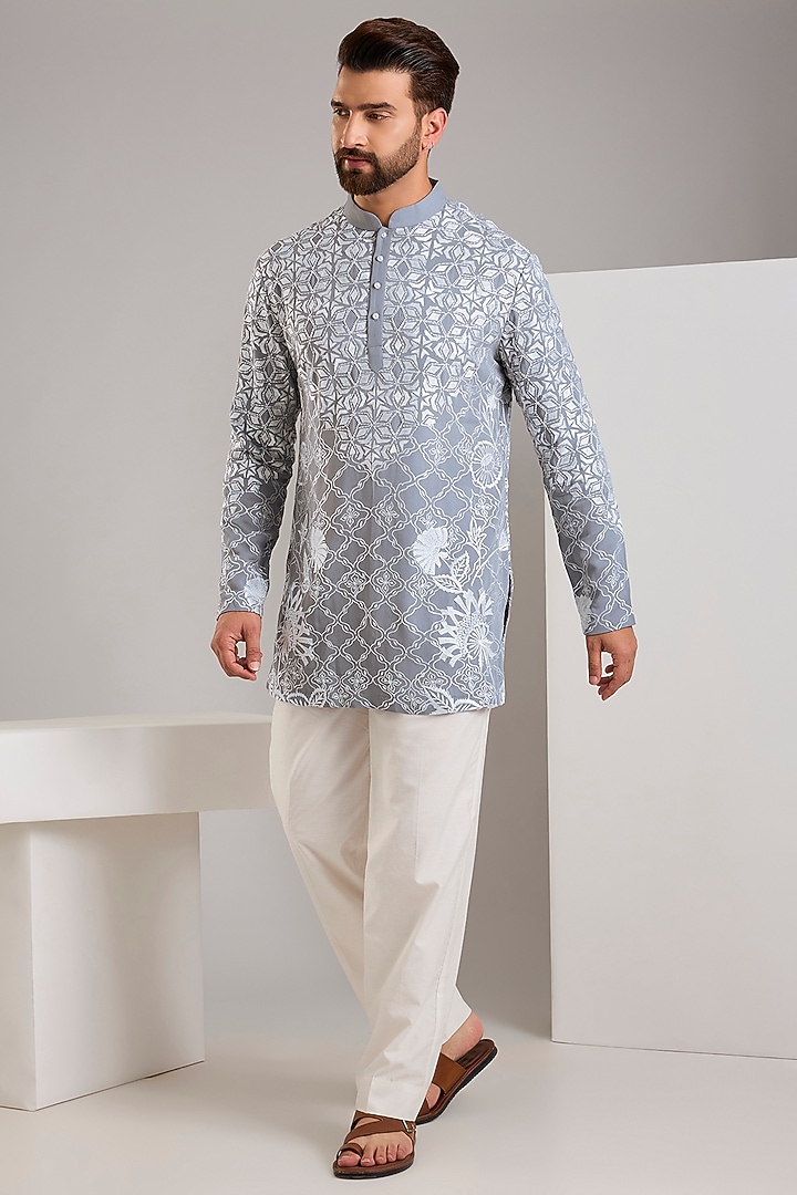 Grey Georgette Printed & Embroidered Kurta by SHASHA GABA MEN at Pernia's Pop Up Shop