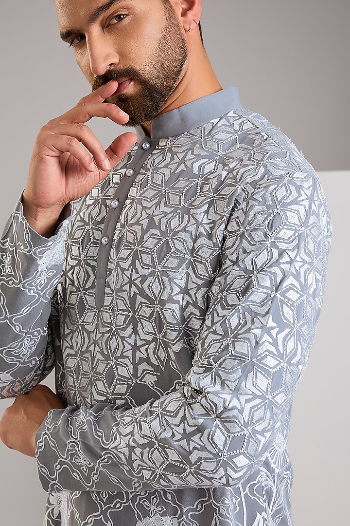 Grey Georgette Printed & Embroidered Kurta by SHASHA GABA MEN at Pernia's Pop Up Shop
