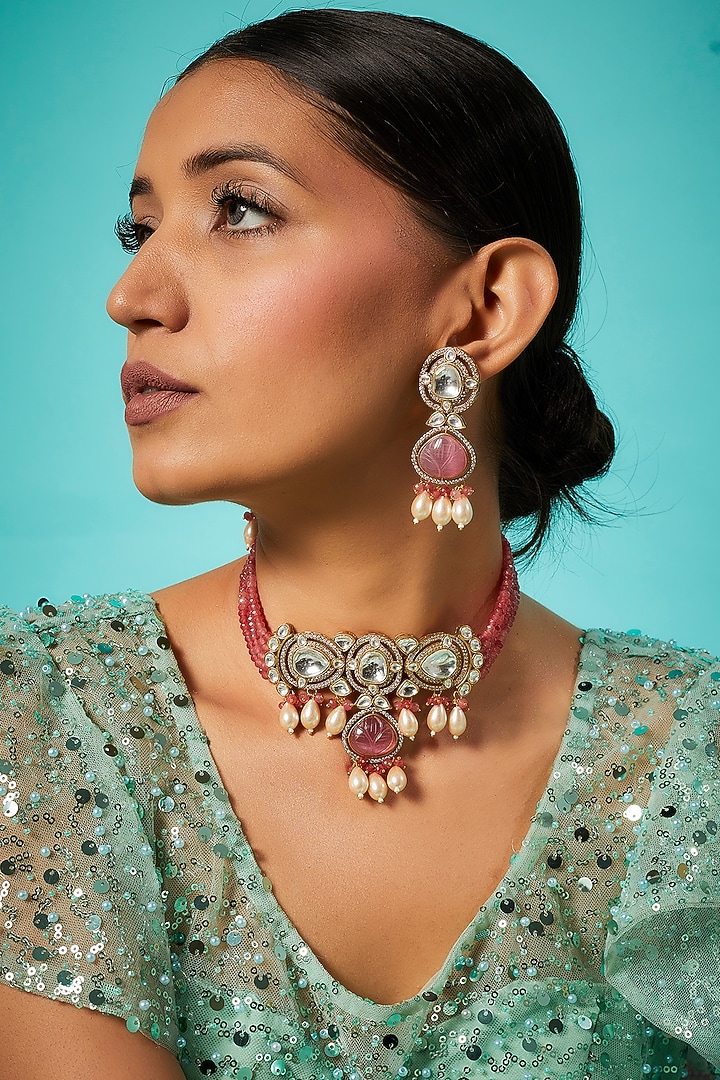 Gold Finish Red Kundan Polki Choker Necklace Set by Saga Jewels at Pernia's Pop Up Shop