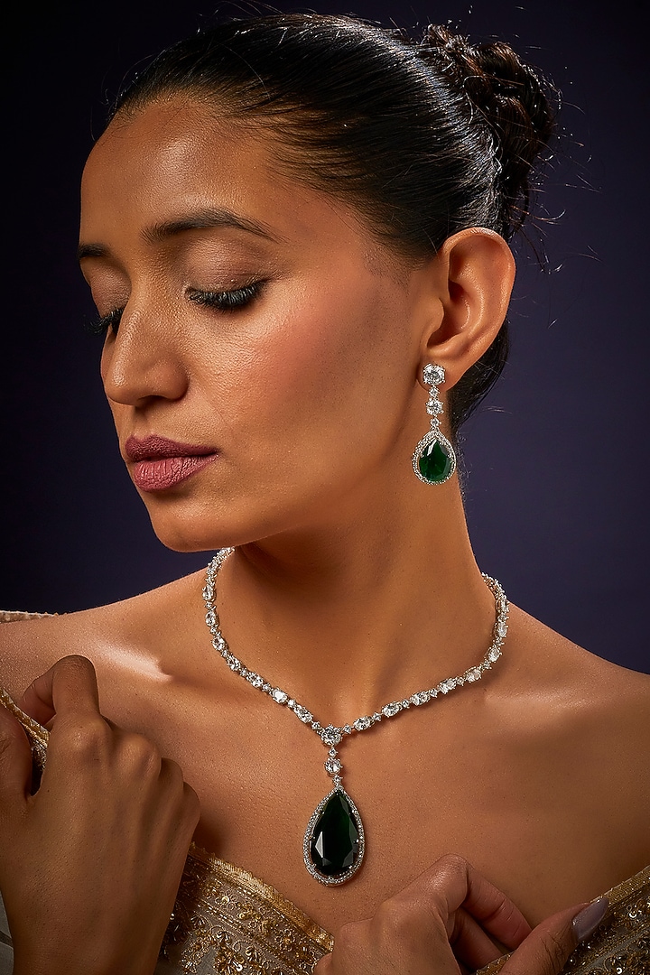 White Finish Emerald Long Necklace Set by Saga Jewels at Pernia's Pop Up Shop