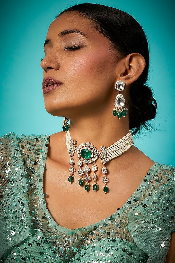 Gold Finish Green & White Kundan Polki Choker Necklace Set by Saga Jewels