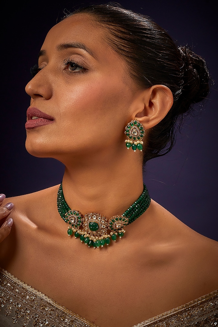Gold Finish Green Pearls & Emerald Choker Necklace Set by Saga Jewels