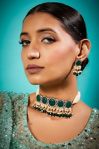 Gold Finish Green Linear Stone Choker Necklace Set by Saga Jewels