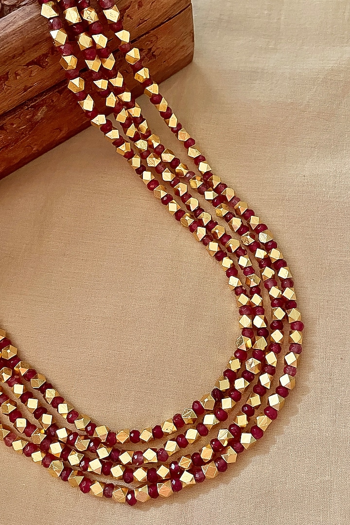 Gold Finish Red Beaded Long Necklace by Saga Jewels at Pernia's Pop Up Shop