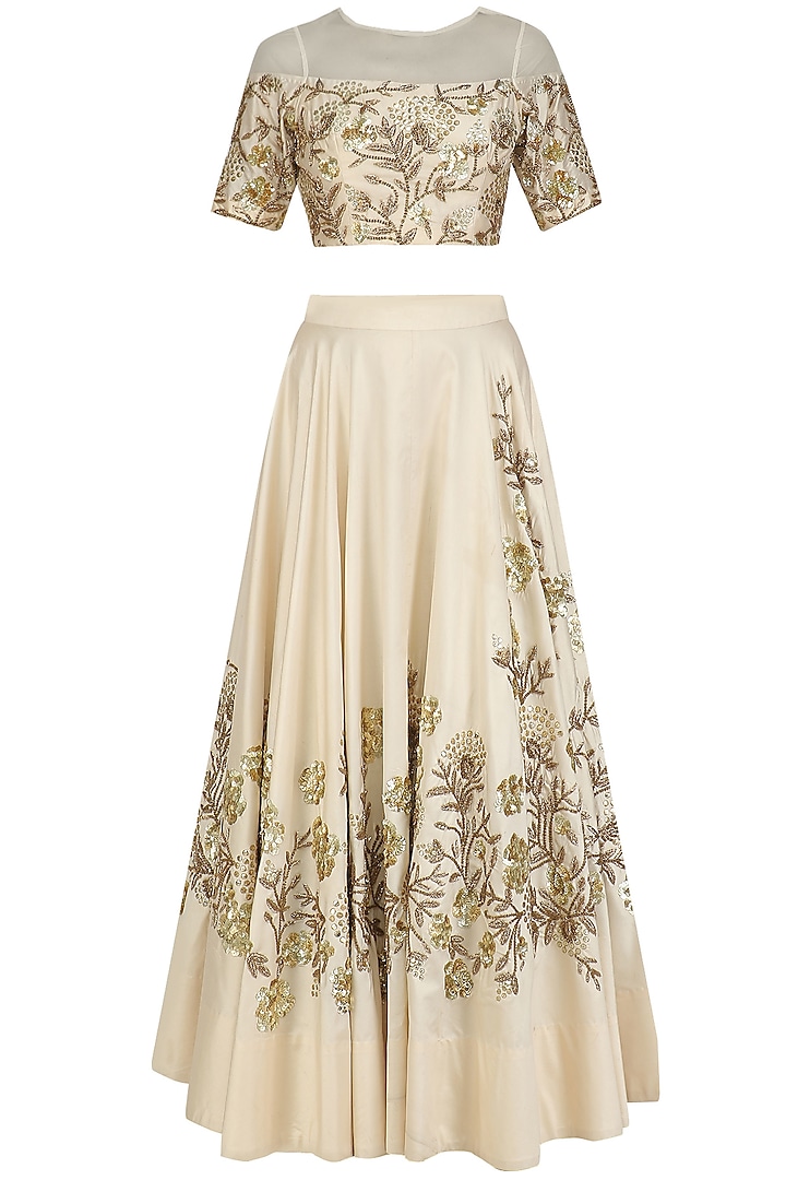 Ivory Floral Embroidered Crop Top with French Cut Sequins Lehenga Skirt by Sanya Gulati