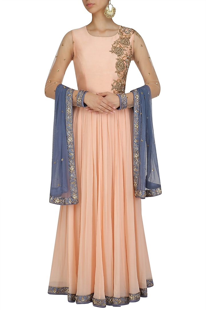 Peach and grey floral embroidered anarkali set available only at Pernia's Pop Up Shop.
