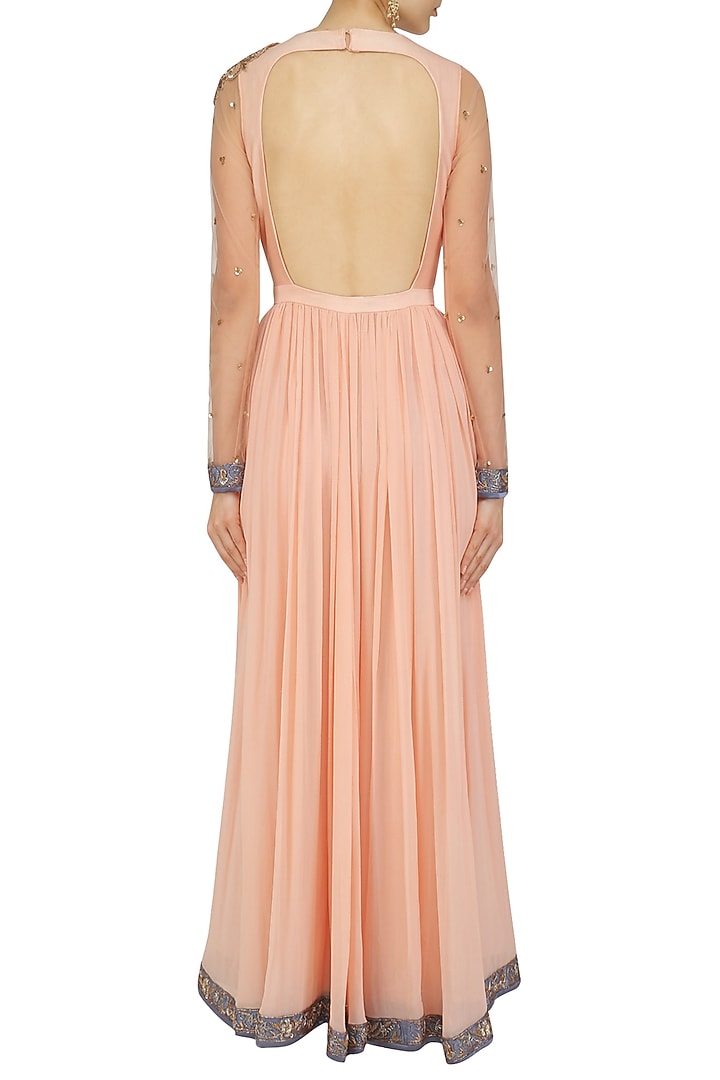 Peach and grey floral embroidered anarkali set available only at Pernia's Pop Up Shop.