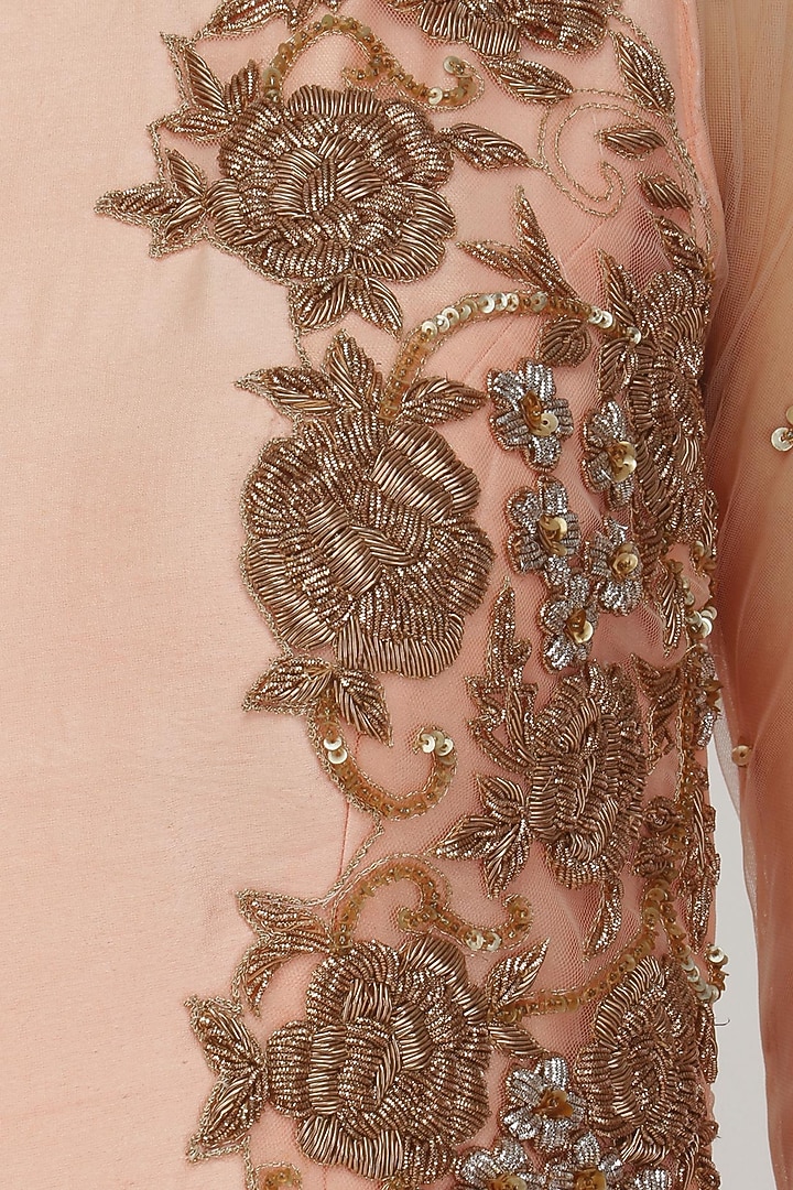 Peach and grey floral embroidered anarkali set available only at Pernia's Pop Up Shop.