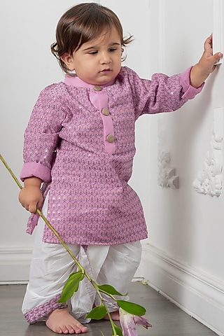 White Cotton Silk Dhoti Set For Boys by Kirti Agarwal Pret n Couture