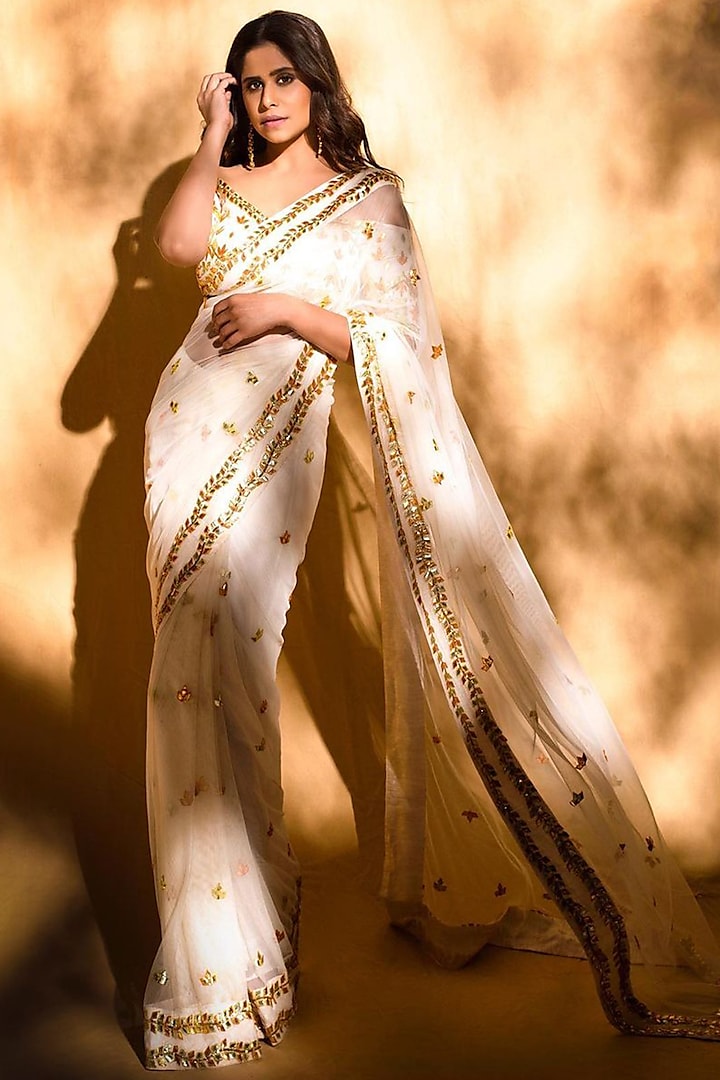 Off-White Net Sequin Embellished Saree Set by Esha Koul