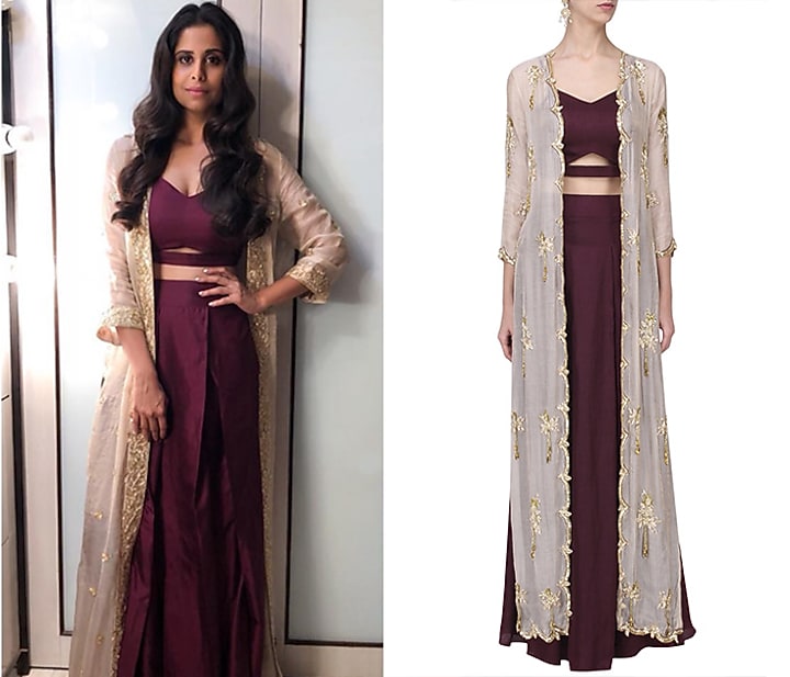 Marsala croptop and skirt with embroidered jacket available only at Pernia's Pop Up Shop.
