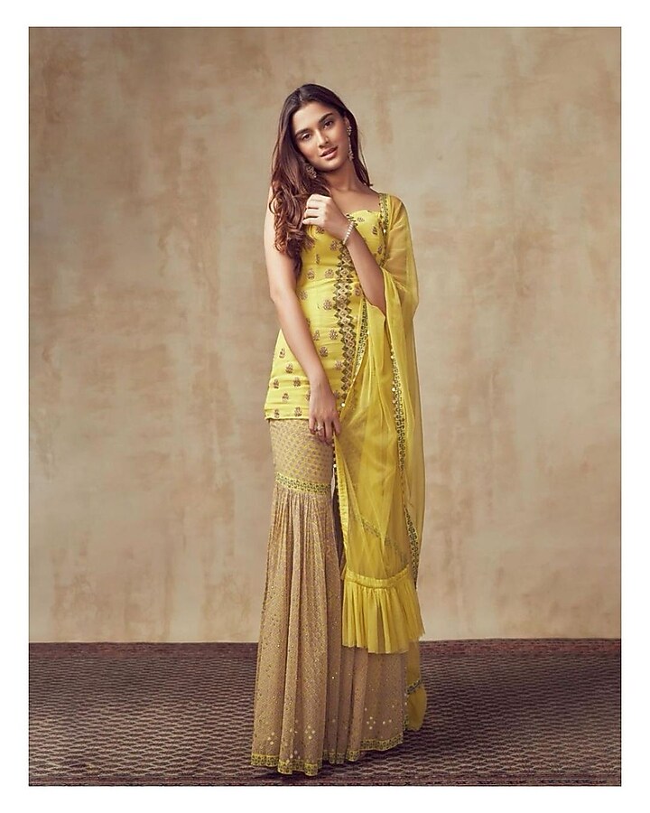 Lime Yellow Block Printed Wedding Sharara Set by Surbhi Gupta at Pernia's Pop Up Shop