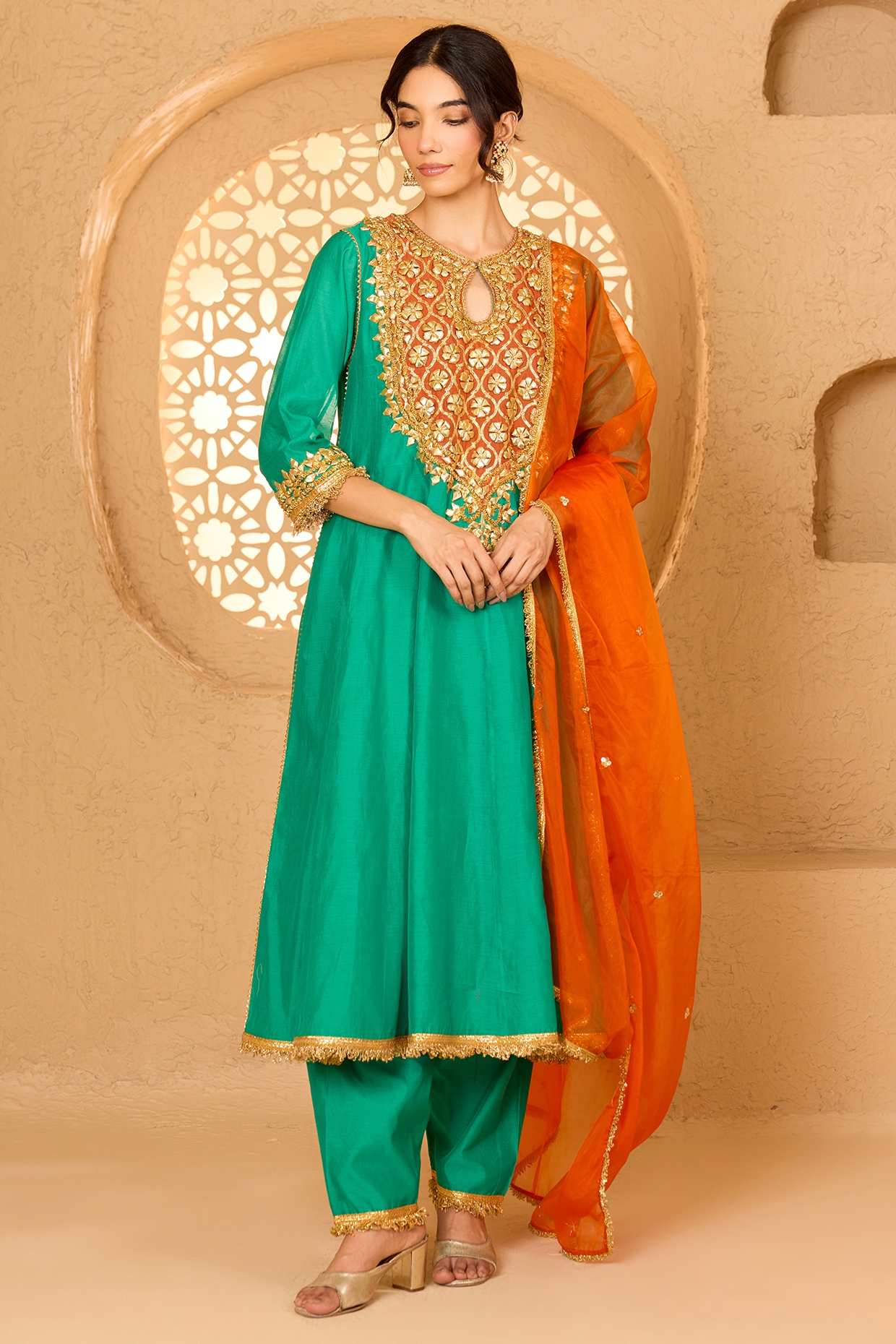 Saina kapoor Turquoise Cotton Chanderi Gota Patti Embroidered Anarkali Set