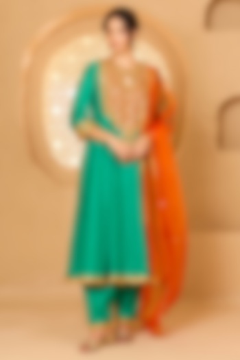 Turquoise Cotton Chanderi Gota Patti Embroidered Party Wear Anarkali Set by Saina kapoor at Pernia's Pop Up Shop