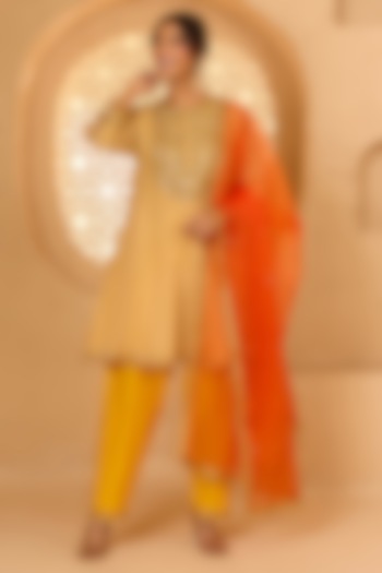 Beige Cotton Chanderi Pearl Embroidered Short Party Wear Anarkali Set by Saina kapoor at Pernia's Pop Up Shop