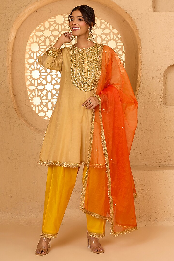 Beige Cotton Chanderi Pearl Embroidered Short Party Wear Anarkali Set by Saina kapoor at Pernia's Pop Up Shop