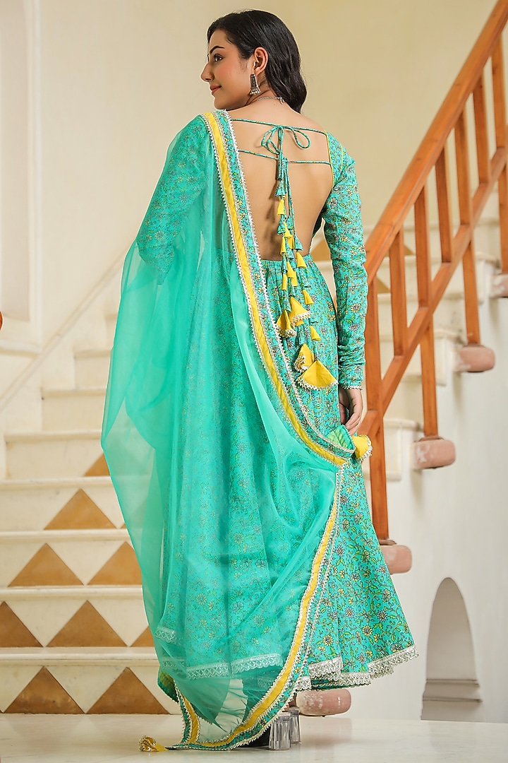Turquoise Cotton Flared Anarkali Set by SAMAAYA JAIPUR at Pernia's Pop Up Shop