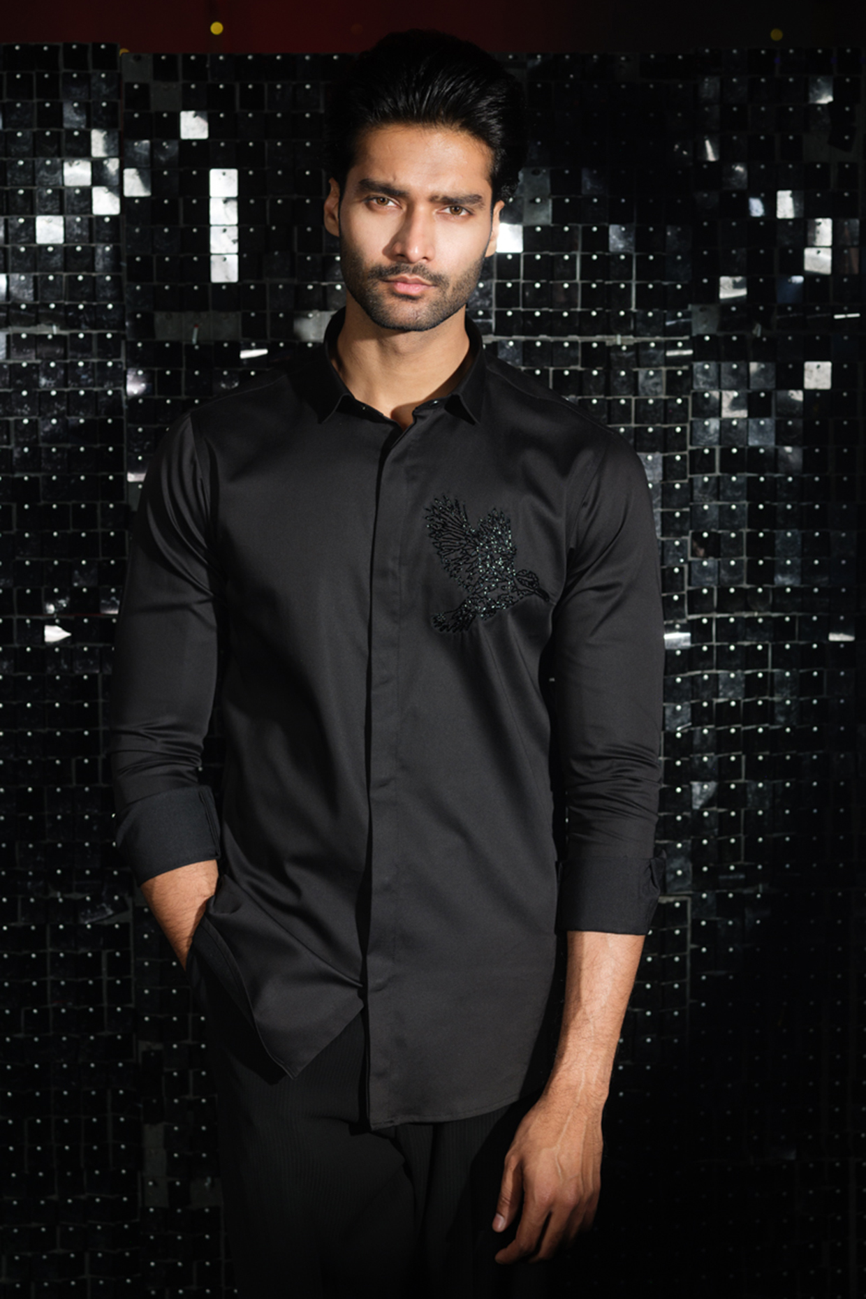 Black Stretchable Cotton Cutdana Hand Embroidered Shirt by SANJANA REDDY MEN