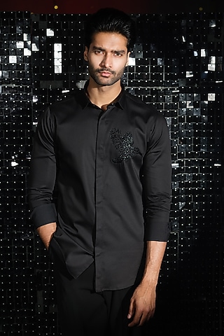 Black Stretchable Cotton Cutdana Hand Embroidered Shirt by SANJANA REDDY MEN