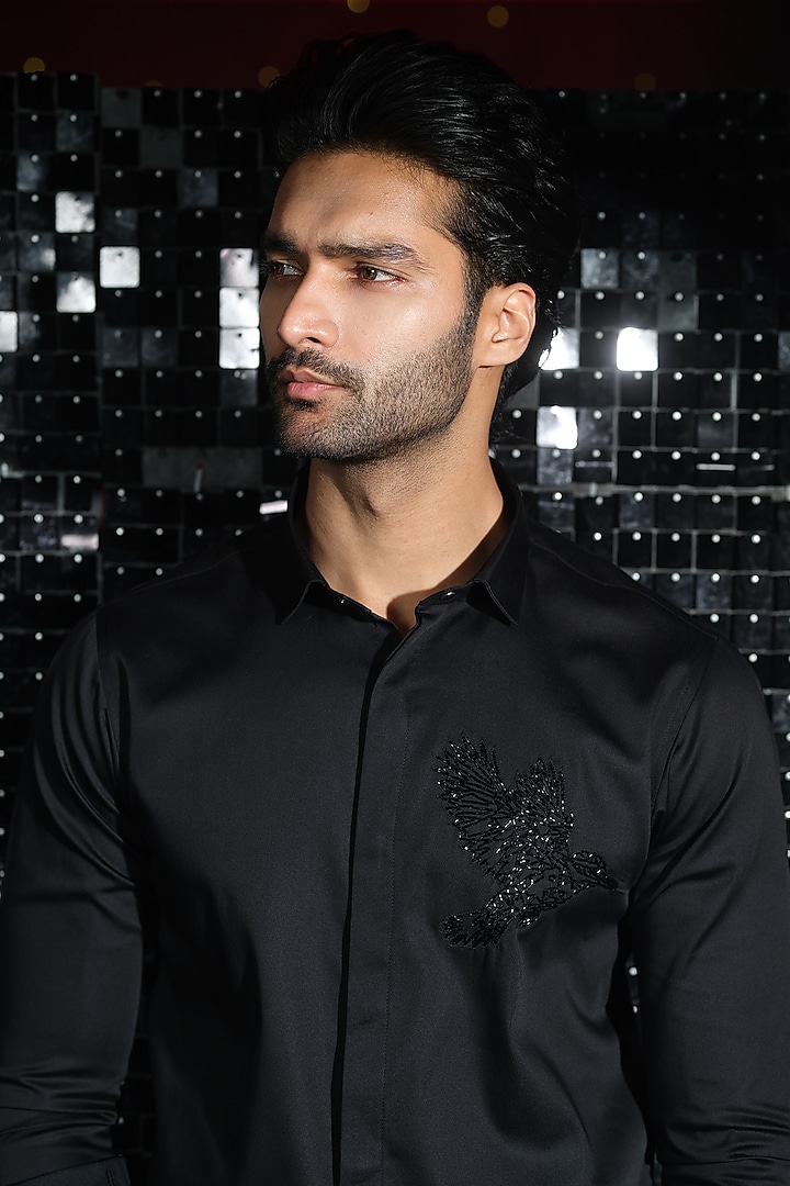 Black Stretchable Cotton Cutdana Hand Embroidered Party Wear Shirt by SANJANA REDDY MEN at Pernia's Pop Up Shop