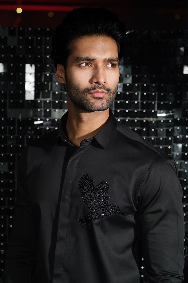Black Stretchable Cotton Cutdana Hand Embroidered Party Wear Shirt by SANJANA REDDY MEN at Pernia's Pop Up Shop