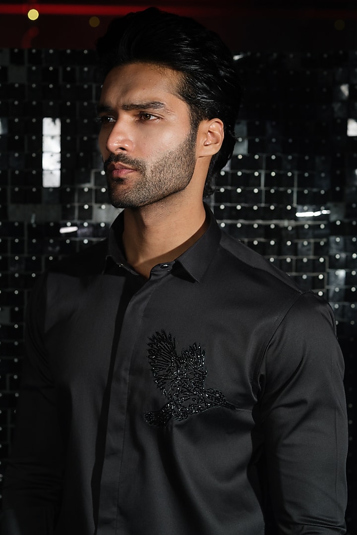 Black Stretchable Cotton Cutdana Hand Embroidered Party Wear Shirt by SANJANA REDDY MEN at Pernia's Pop Up Shop