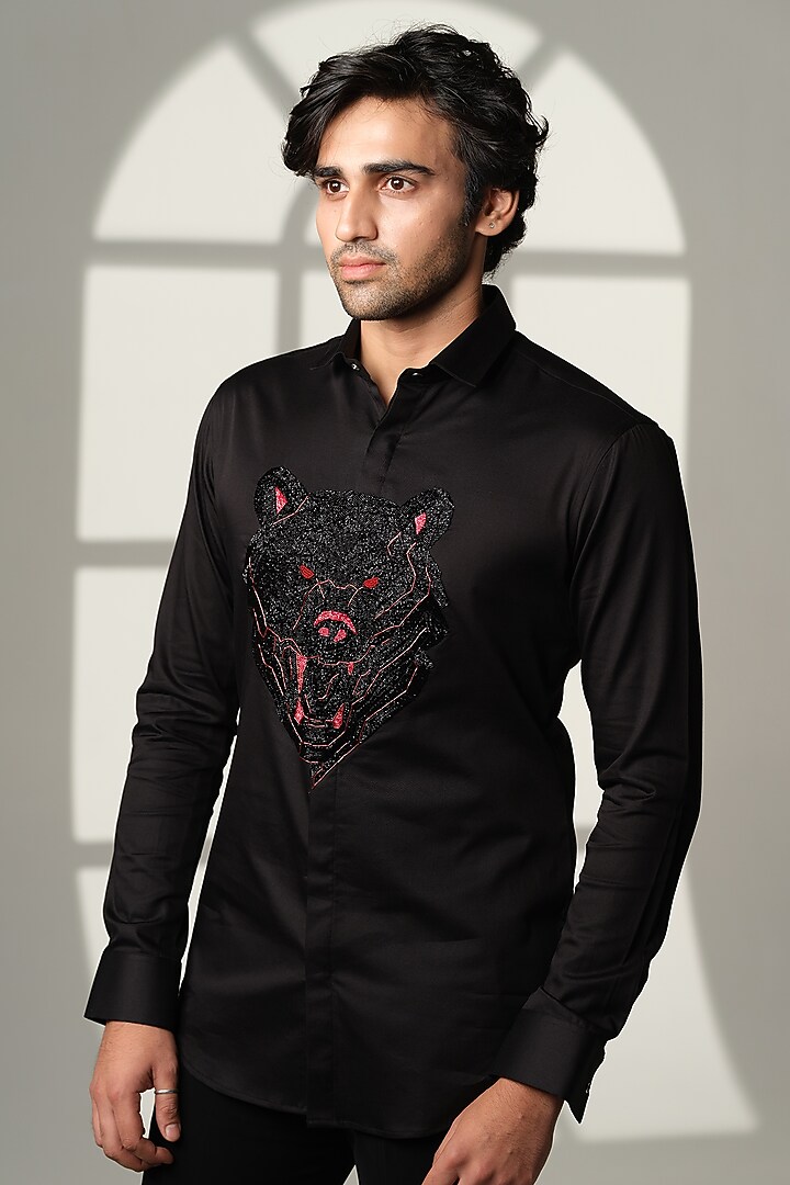 Black Stretchable Cotton Shirt by SANJANA REDDY MEN at Pernia's Pop Up Shop