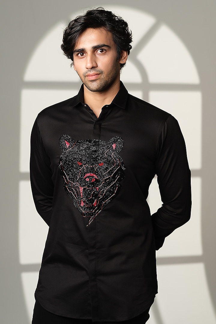 Black Stretchable Cotton Shirt by SANJANA REDDY MEN at Pernia's Pop Up Shop