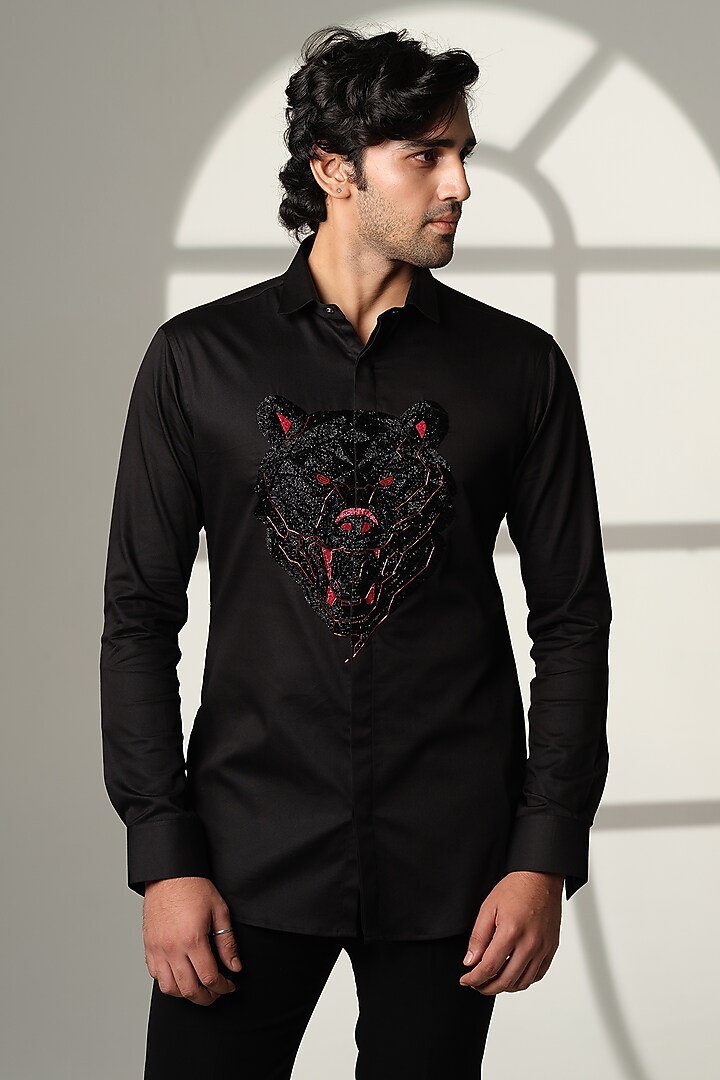 Black Stretchable Cotton Shirt by SANJANA REDDY MEN at Pernia's Pop Up Shop