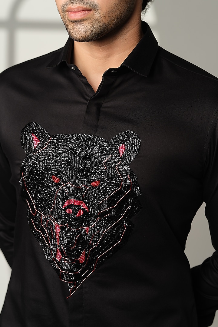 Black Stretchable Cotton Shirt by SANJANA REDDY MEN at Pernia's Pop Up Shop