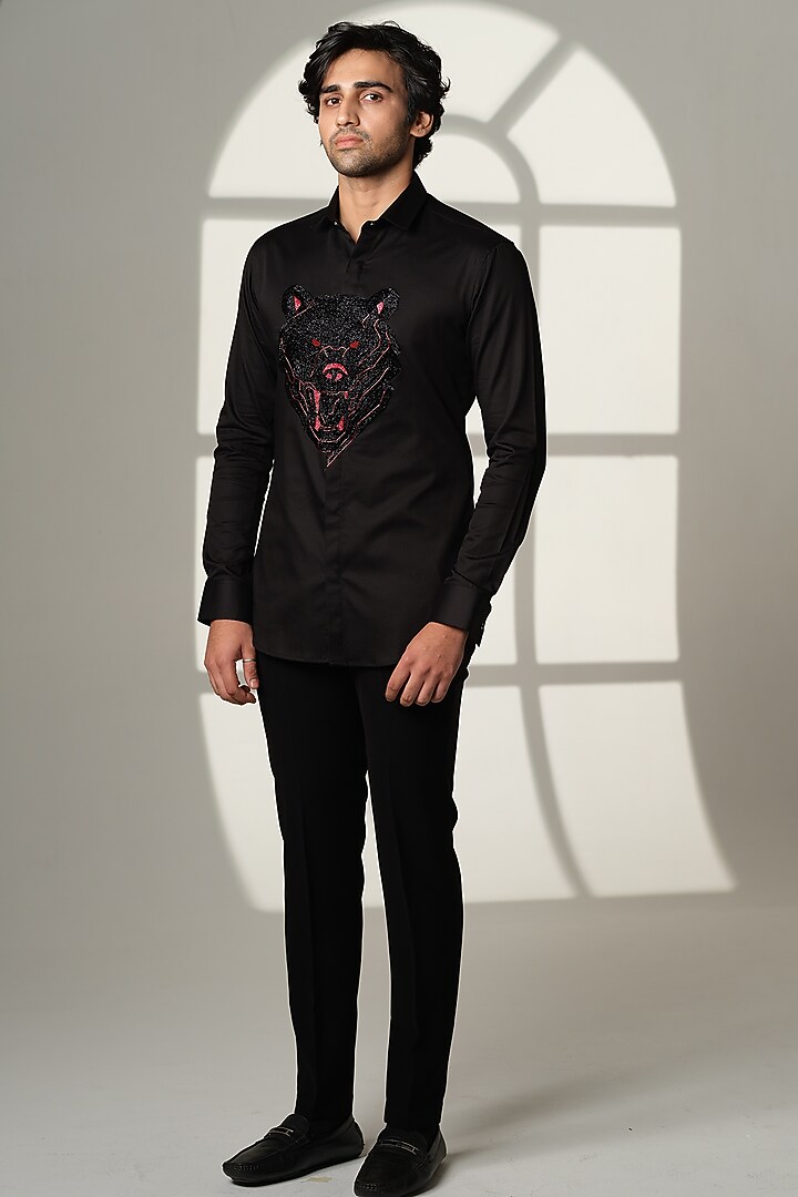 Black Stretchable Cotton Shirt by SANJANA REDDY MEN at Pernia's Pop Up Shop