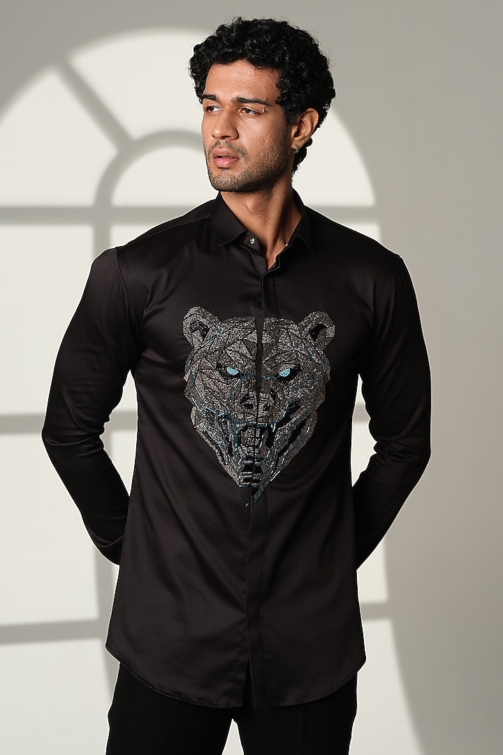 Navy Blue Stretchable Cotton Shirt by SANJANA REDDY MEN at Pernia's Pop Up Shop